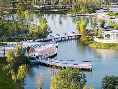 Waterfront Landscape Design With Lake Wooden Boardwalk And Lush Green Trees 3d model