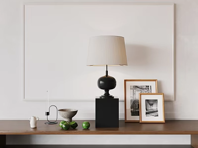 Stylish Table Lamp With Beige Lampshade Black Base On Wooden Table Picture Frames Green Apples 3d model