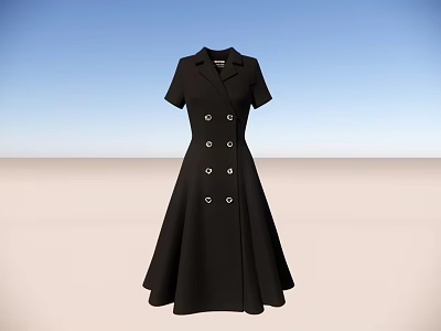 Black Short Sleeve Double Breasted A Line Dress With Elegant Flared Hem Design 3d model