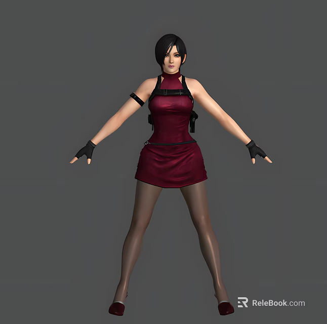 Woman with Short Black Hair Wearing Red Sleeveless Short Dress Black Gloves and Stockings 3d model 