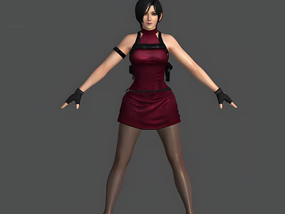 Woman with Short Black Hair Wearing Red Sleeveless Short Dress Black Gloves and Stockings 3d model