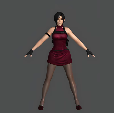 Woman with Short Black Hair Wearing Red Sleeveless Short Dress Black Gloves and Stockings 3d model