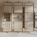 Modern Interior Room Divider With Wooden Frame Rattan Panels And Glass Inserts For Home Decoration