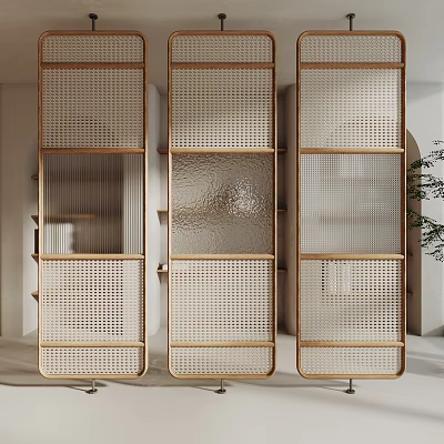 Modern Interior Room Divider With Wooden Frame Rattan Panels And Glass Inserts For Home Decoration 3d model