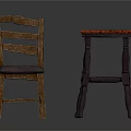 Rustic Wooden Chair With Upholstered Seat And Small Table With Marbled Top
