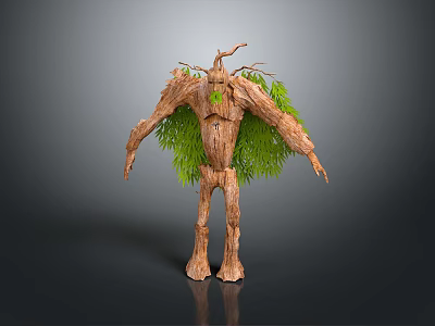 Tree Creature Character Featuring Wooden Body Green Leaves And Branched Humanoid Limbs 3d model