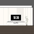 Minimalist White TV Stand With Decorative Items TV On Vertical Stripe Wall And Plant
