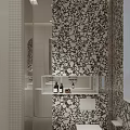 Modern Hotel Bathroom With Oval Backlit Mirror Wall Sconces White Countertop And Grid Tile Walls