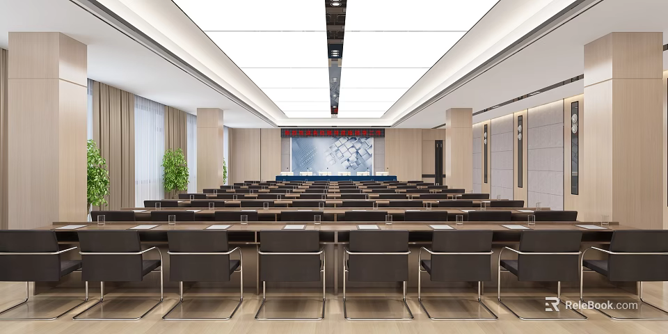 Large Spacious Conference Room With Neatly Arranged Tables Chairs Projection Screen And Green Plants 3d model 