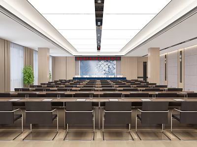 Large Spacious Conference Room With Neatly Arranged Tables Chairs Projection Screen And Green Plants 3d model