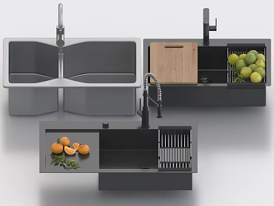 Modern Kitchen Sink With Double Bowl Wooden Cutting Board Limes Oranges Herbs And Knife Rack 3d model