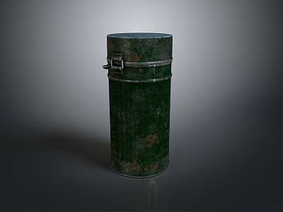 Old Green Cylindrical Metal Canister With Rusty Surface And Metal Clasp 3d model