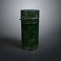 Old Green Cylindrical Metal Canister With Rusty Surface And Metal Clasp