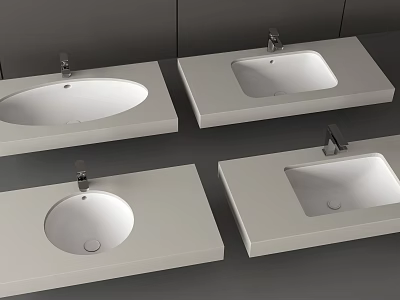 Four Modern White Washbasins On Grey Countertops With Chrome Faucets 3d model