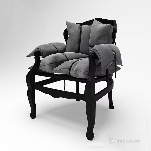 Comfortable Accent Chair With Grey Cushions And Black Wooden Frame Armrests Design 3d model 