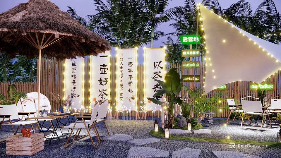 Traditional Courtyard Garden Design With Bamboo Screens Calligraphy Banners Lanterns And Greenery 3d model 