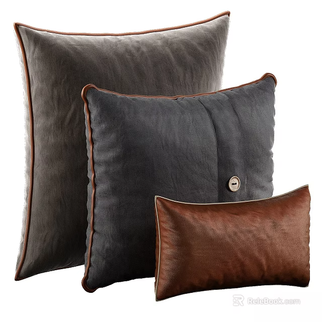 Stylish Dark Gray Black And Brown Fabric Pillows With Button Detail And Stitched Edges 3d model 