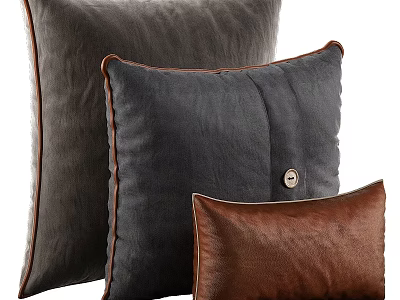 Stylish Dark Gray Black And Brown Fabric Pillows With Button Detail And Stitched Edges 3d model