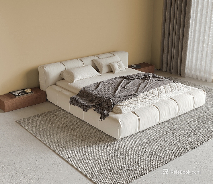 Modern White Double Bed with Pillows Grey Blanket Wooden Nightstands Soft Rug Beige Wall Curtains 3d model 