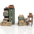 Vintage Office Furniture Including Green Filing Cabinet Wooden Crates And Small Table With Stacked Papers