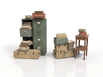 Vintage Office Furniture Including Green Filing Cabinet Wooden Crates And Small Table With Stacked Papers 3d model