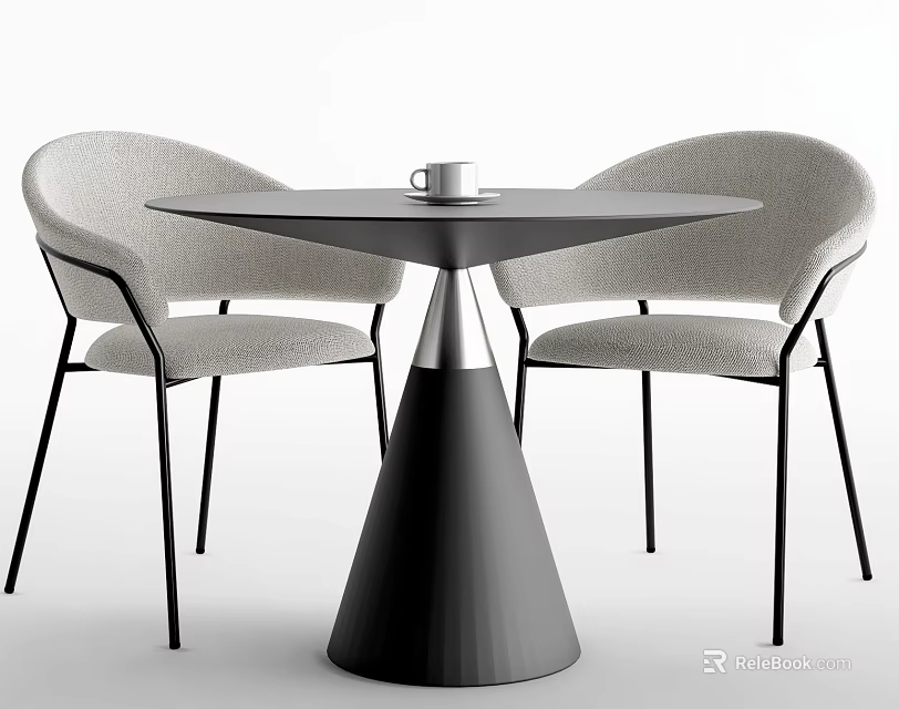 Modern Round Table and Chair Set with Conical Base Light Chairs Curved Backrest Black Legs 3d model 