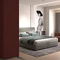 Modern Gray Double Bed with Headboard Pillows Blanket Nightstand Lamp and Wall Art