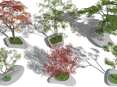 Irregular Concrete Tree Planters With Colorful Red And Green Foliage In Outdoor Landscape 3d model