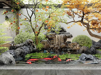 Water Fountain in Garden with Rock Formations Red Koi Fish Water Lilies and Yellow Trees 3d model
