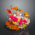 Character With Orange Hair Green Headdress And Floral Clothing Surrounded By Red Pink Orange Flowers And Flowing Plant Elements