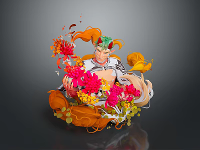 Character With Orange Hair Green Headdress And Floral Clothing Surrounded By Red Pink Orange Flowers And Flowing Plant Elements 3d model