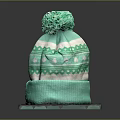 Stylish Green Knitted Beanie With Pom Pom And Geometric Pattern For Winter Fashion