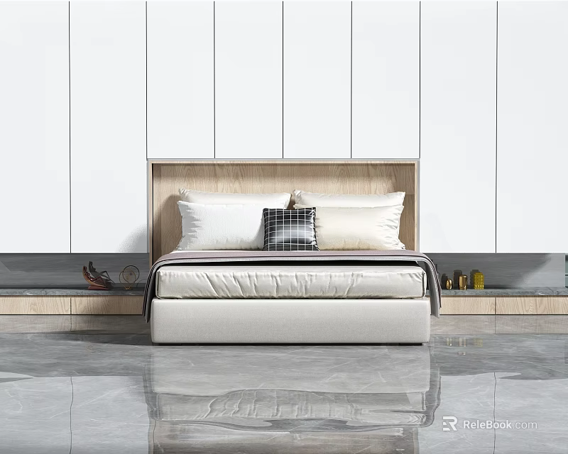 Modern Double Bed Interior With Wooden Headboard Plaid Cushion White Wall And Grey Floor 3d model 