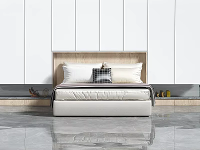 Modern Double Bed Interior With Wooden Headboard Plaid Cushion White Wall And Grey Floor 3d model
