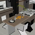 Modern Kitchen Dining Table Set with Chairs Oranges Tray Vase and Marble Countertop 3d model