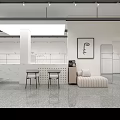 Minimalist Clothing Store Interior Featuring White Walls Gray Tiles Clothing Racks Mirrors and White Sofa