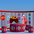 Vibrant Red Decorative Scene with 40th Anniversary Elements Traditional Figure Drum and Lanterns 3d model