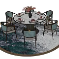 Round Dining Table Set with Six Chairs Blue White Rug and Flower Vase