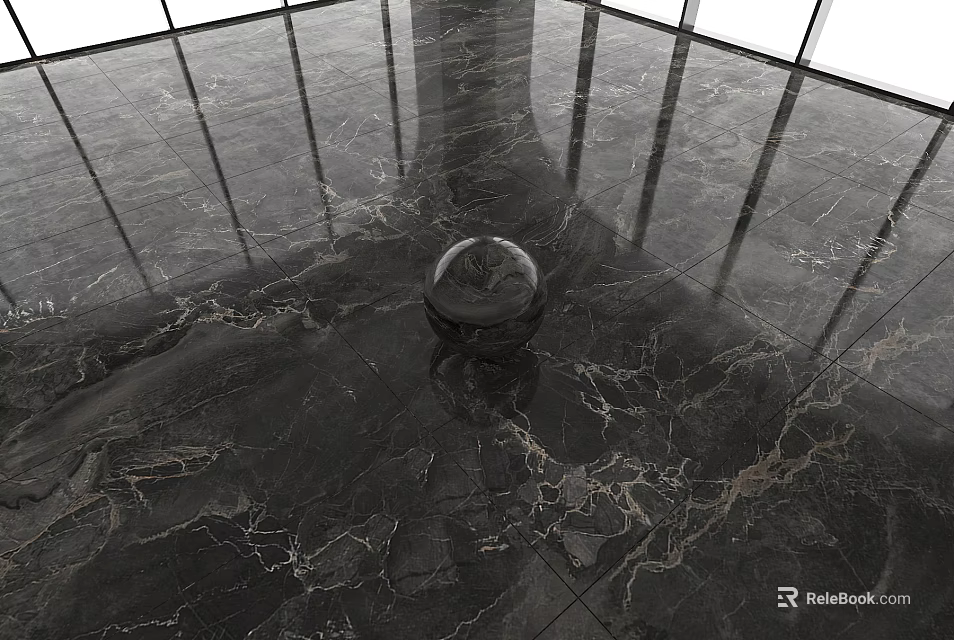 Sleek Dark Marble Veined Floor Tiles With Glass Sphere 3d model 