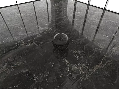 Sleek Dark Marble Veined Floor Tiles With Glass Sphere 3d model
