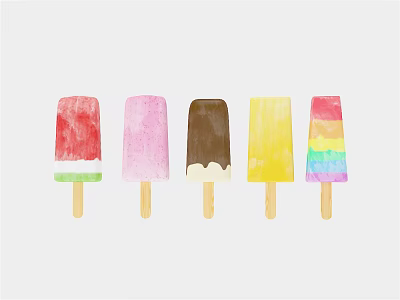 Colorful Assorted Ice Cream Pops Featuring Red Pink Brown Yellow Rainbow Colors And Wooden Sticks 3d model