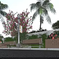 Garden Ornament Design Featuring Palm Trees Pink Blossom Trees Benches Street Lamp And Lush Greenery