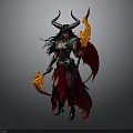 Demonic Fantasy Woman with Horns Flaming Wings and Fiery Weapon in Dark Outfit