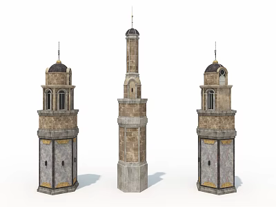Three Historic Minarets With Stone Brick Construction And Decorative Spires Showcasing Various Architectural Designs 3d model