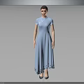 Woman In Blue Qipao With Stand Up Collar Short Sleeves Floral Hem Against Gray Background