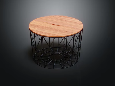 Modern Round Wooden Table With Black Metal Geometric Frame Structure Design 3d model