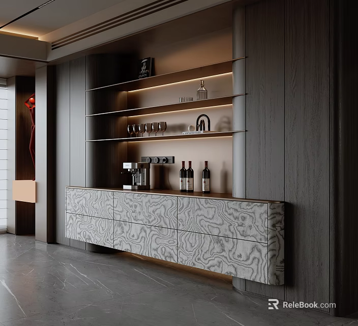 Modern Wooden Sideboard Interior With Marble Texture Shelf And Wine Glasses 3d model 