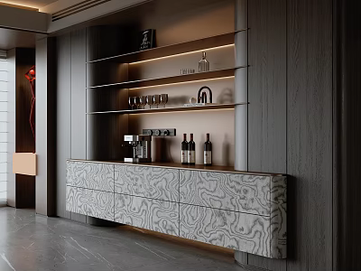 Modern Wooden Sideboard Interior With Marble Texture Shelf And Wine Glasses 3d model