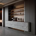 Modern Wooden Sideboard Interior With Marble Texture Shelf And Wine Glasses