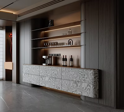 Modern Wooden Sideboard Interior With Marble Texture Shelf And Wine Glasses 3d model